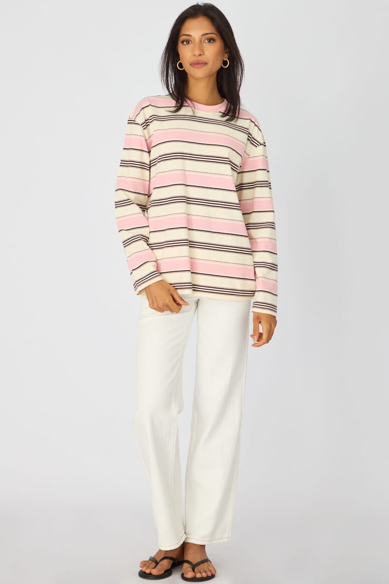 Pink Stripe Long Sleeve Oversized Stripe Shirt for Ally Fashion