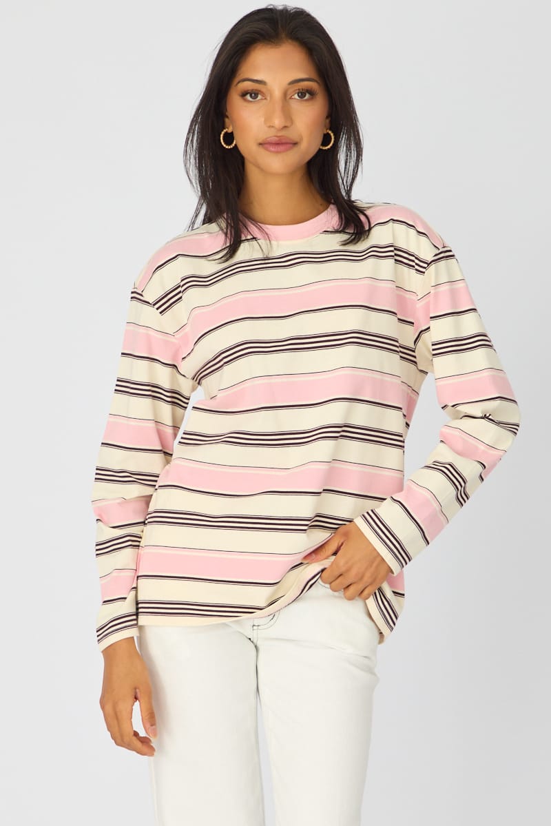 Pink Stripe Long Sleeve Oversized Stripe Shirt for Ally Fashion