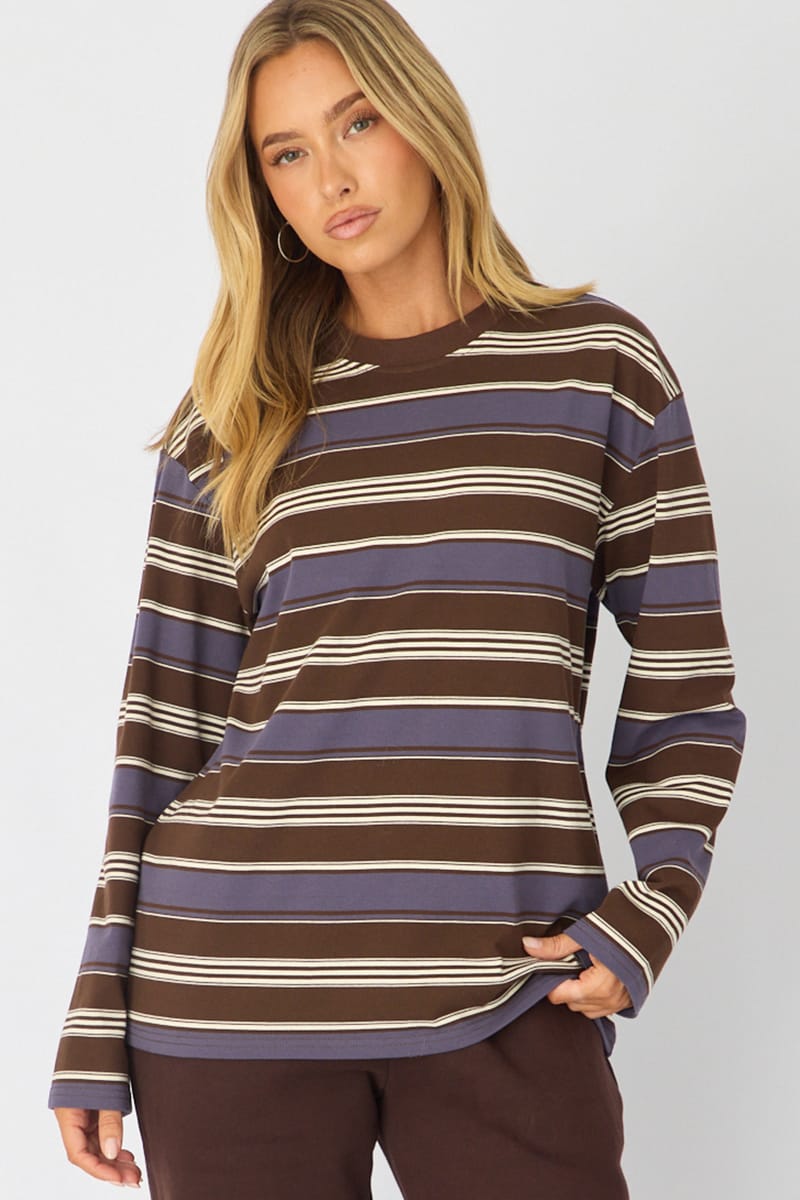 Brown Stripe Long Sleeve Oversized Stripe Shirt for Ally Fashion