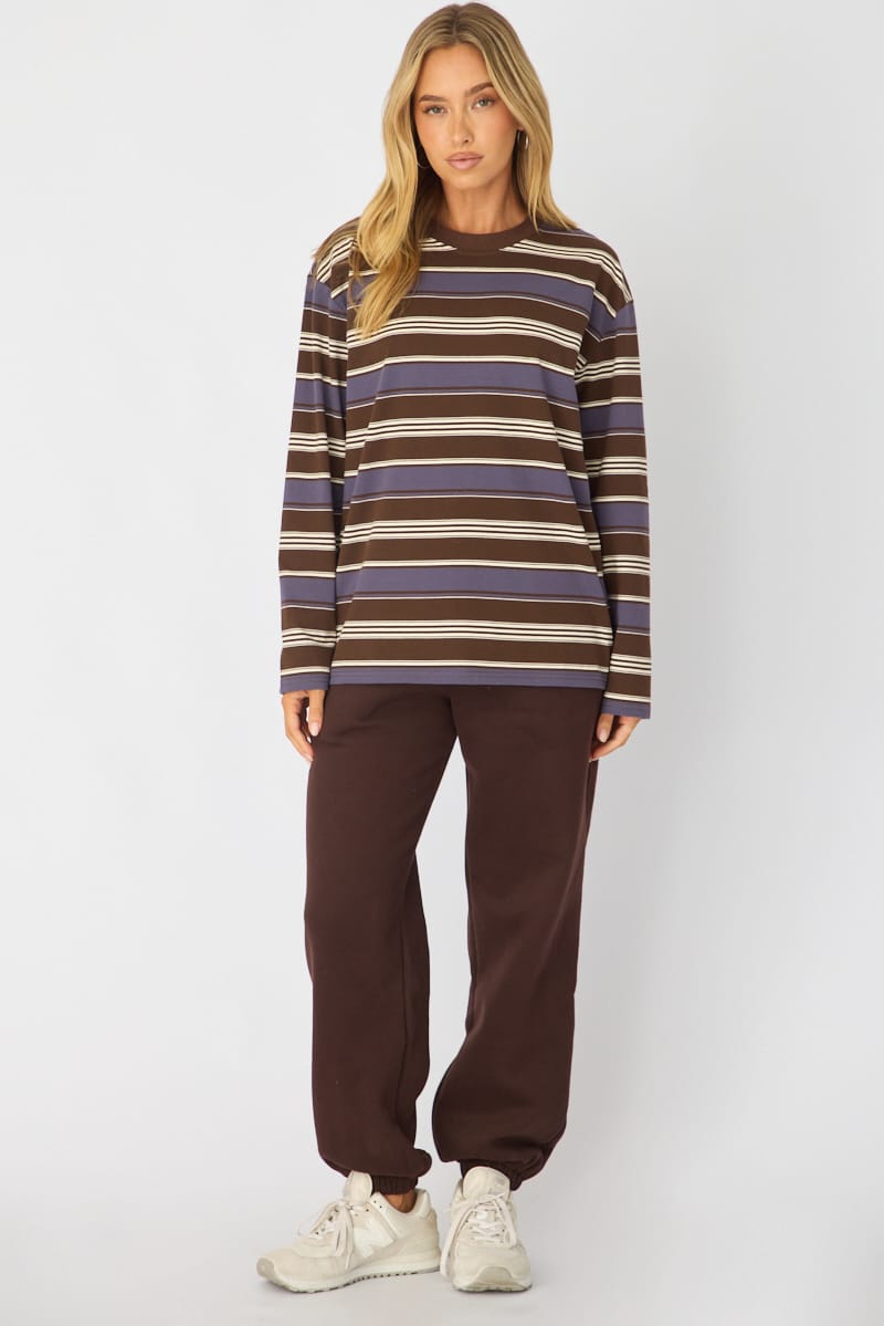 Brown Stripe Long Sleeve Oversized Stripe Shirt for Ally Fashion
