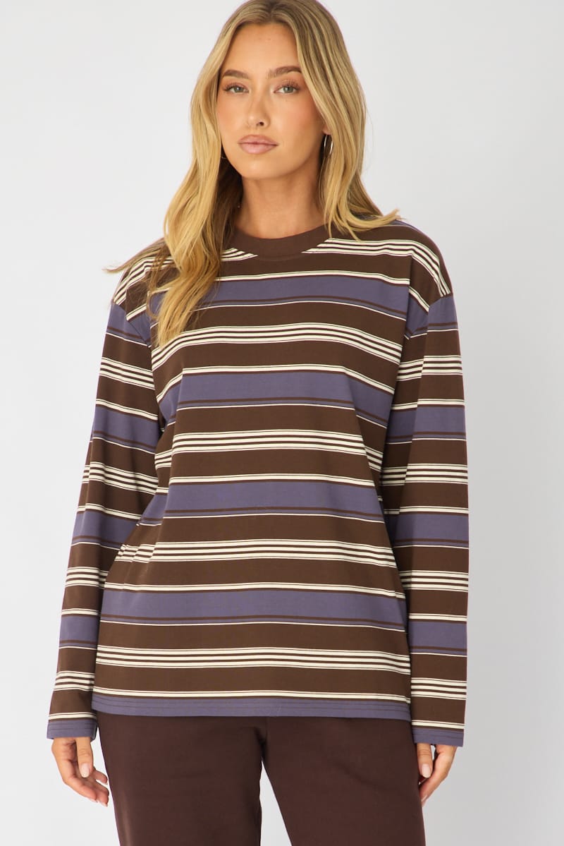 Brown Stripe Long Sleeve Oversized Stripe Shirt for Ally Fashion