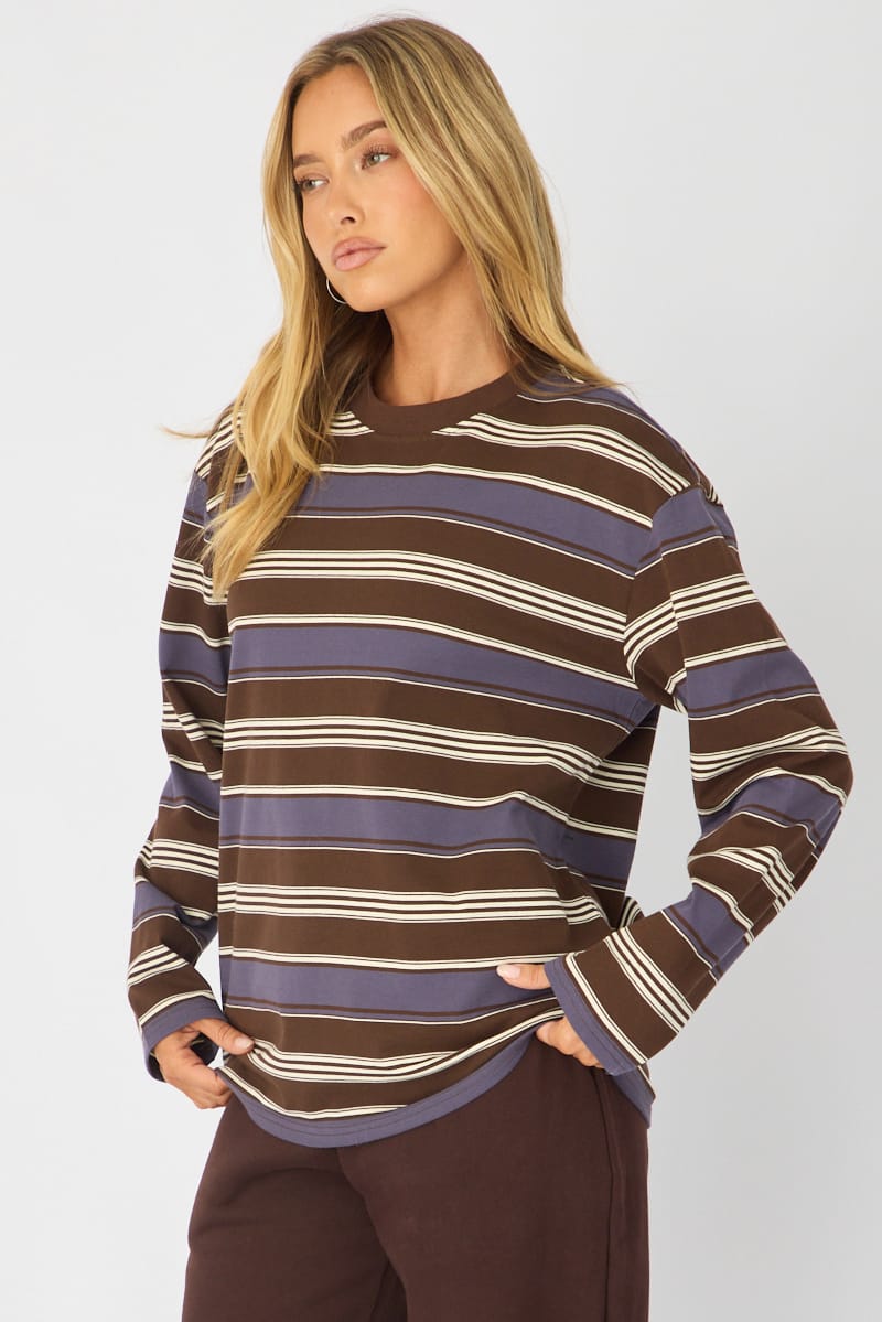 Brown Stripe Long Sleeve Oversized Stripe Shirt for Ally Fashion