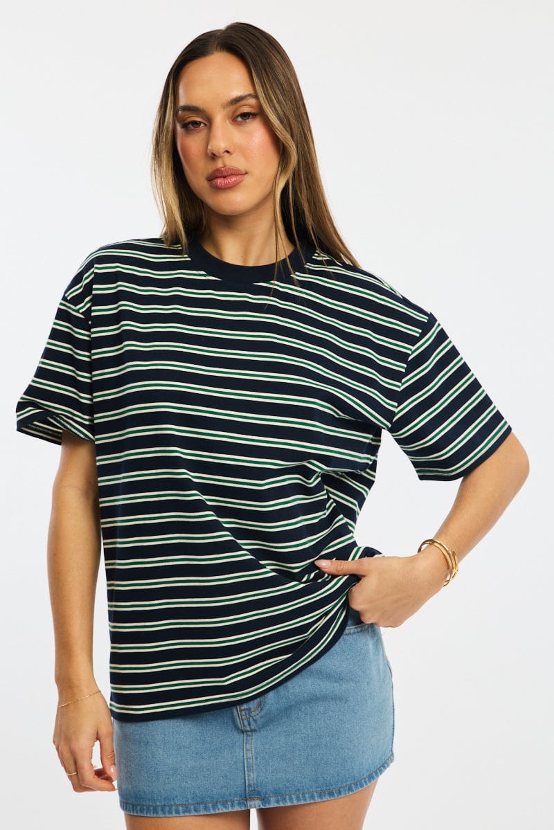 Green Stripe Oversized Tee Short Sleeve for Ally Fashion