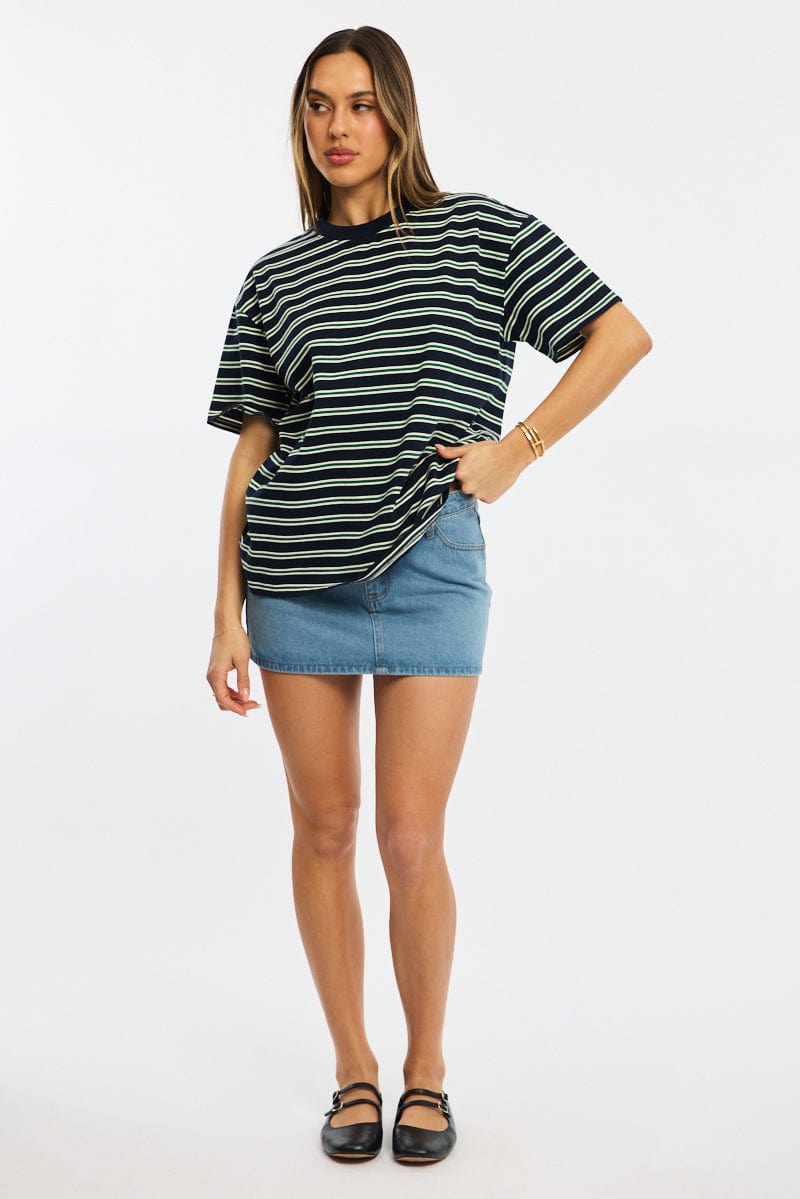 Green Stripe Oversized Tee Short Sleeve for Ally Fashion