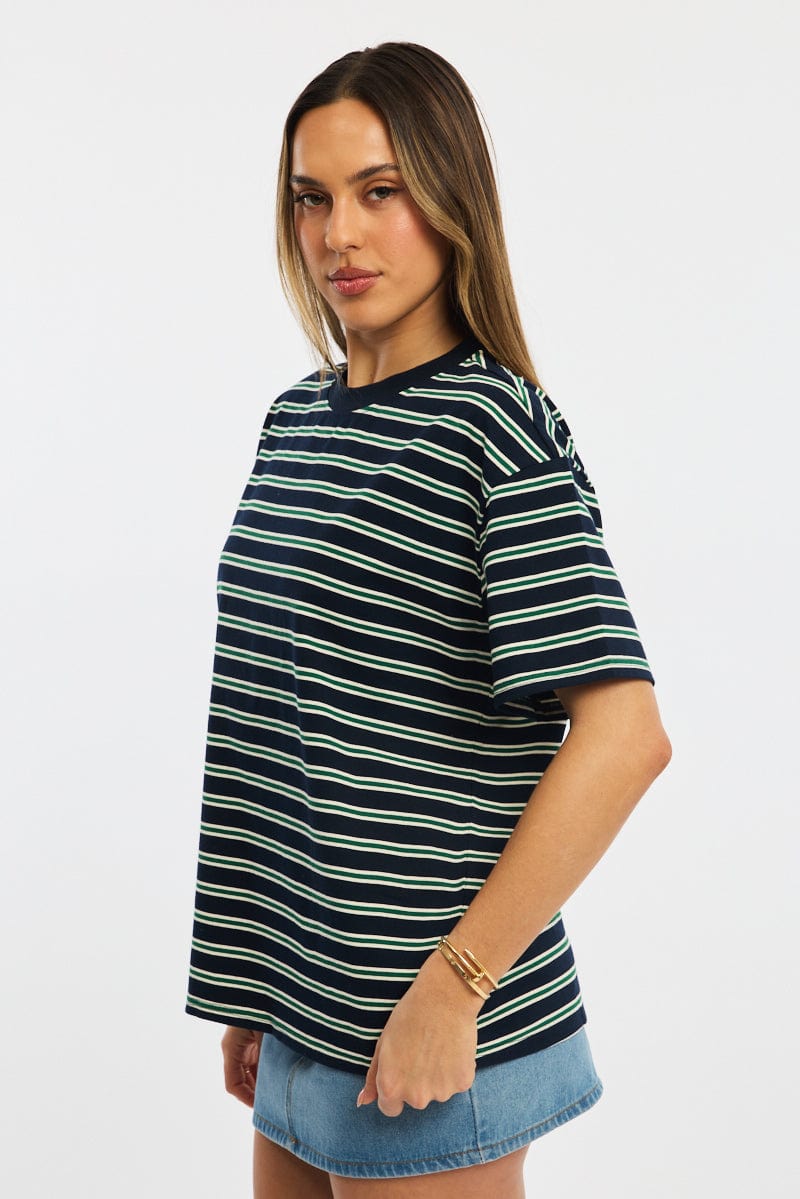 Green Stripe Oversized Tee Short Sleeve for Ally Fashion