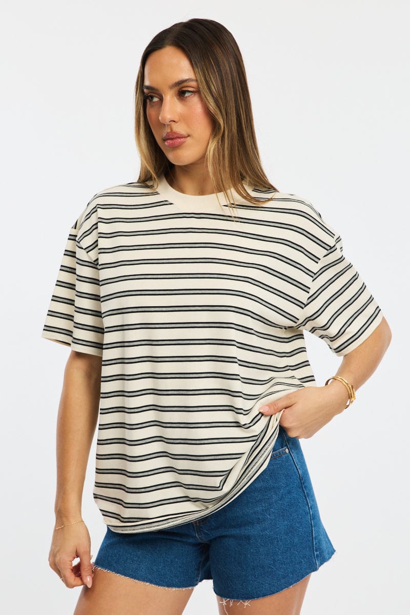 Grey Stripe Oversized Tee Short Sleeve for Ally Fashion