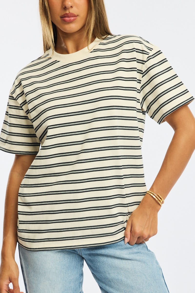 Grey Stripe Oversized Tee Short Sleeve for Ally Fashion