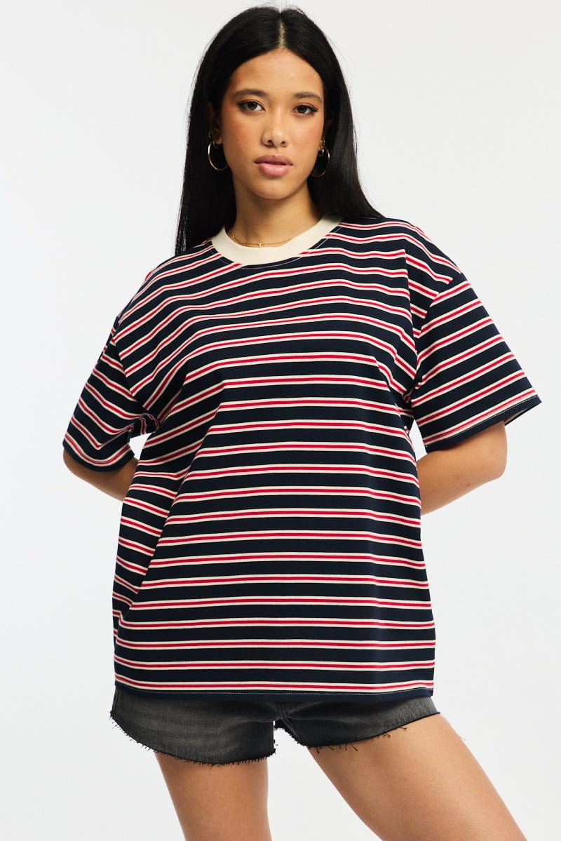 Red Stripe Oversized Tee Short Sleeve for Ally Fashion