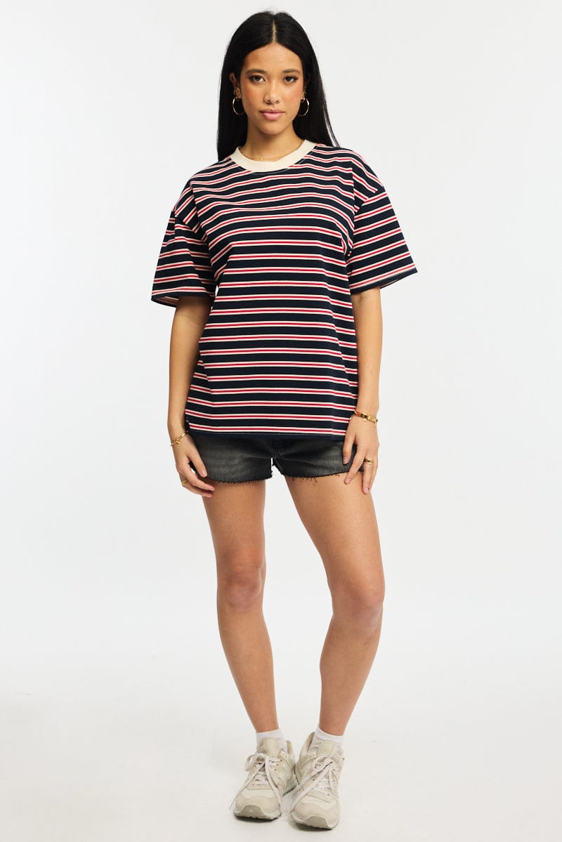 Red Stripe Oversized Tee Short Sleeve for Ally Fashion