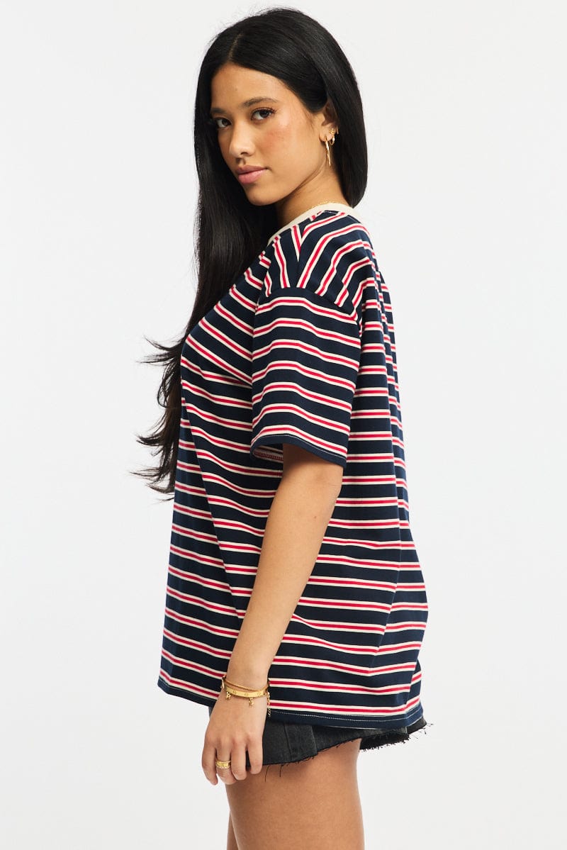 Red Stripe Oversized Tee Short Sleeve for Ally Fashion