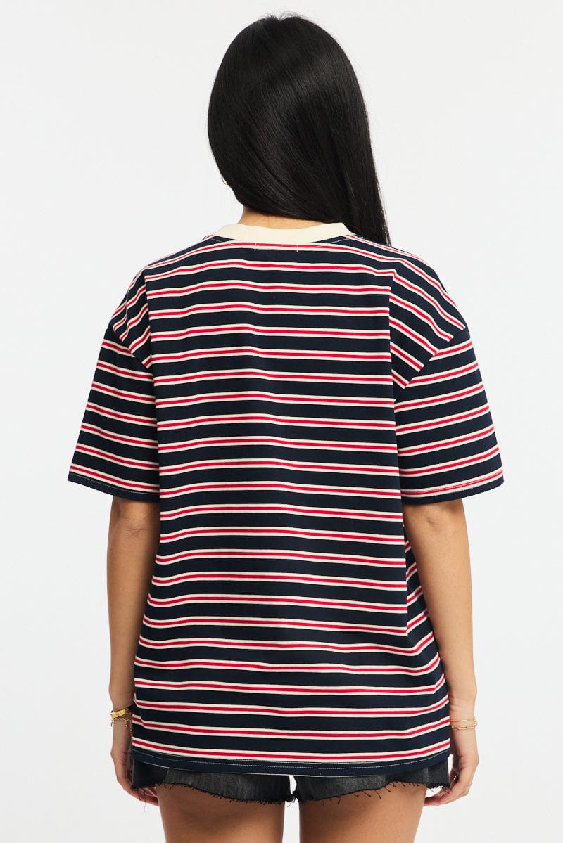 Red Stripe Oversized Tee Short Sleeve for Ally Fashion