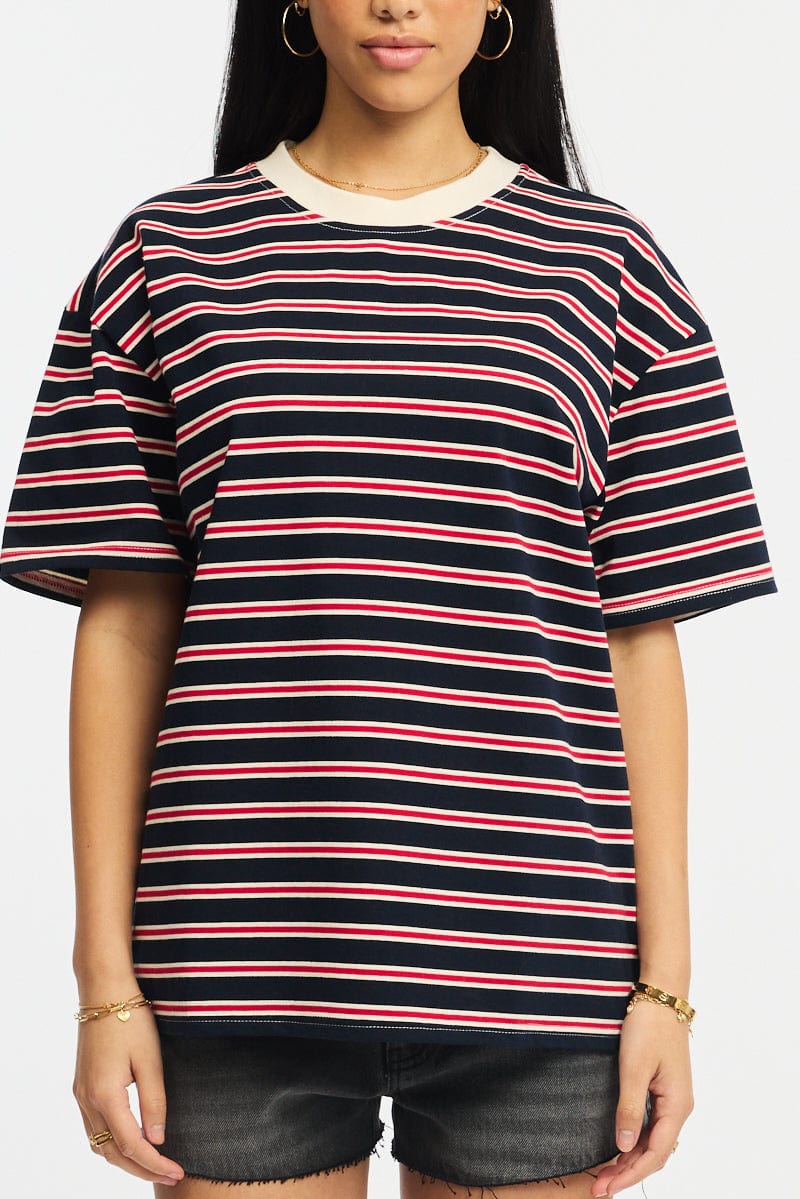 Red Stripe Oversized Tee Short Sleeve for Ally Fashion