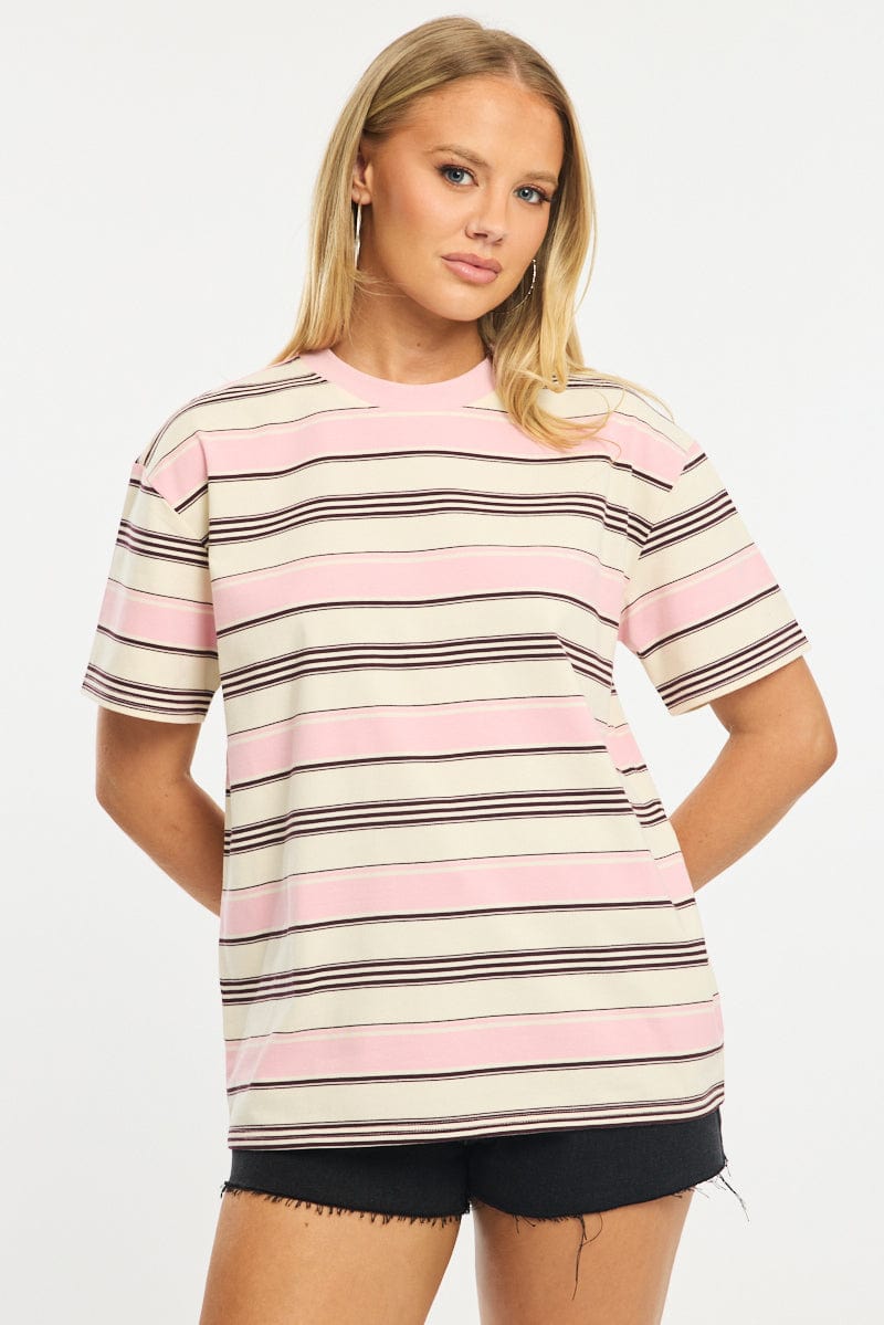 Pink Stripe Oversized Tee Short Sleeve for Ally Fashion