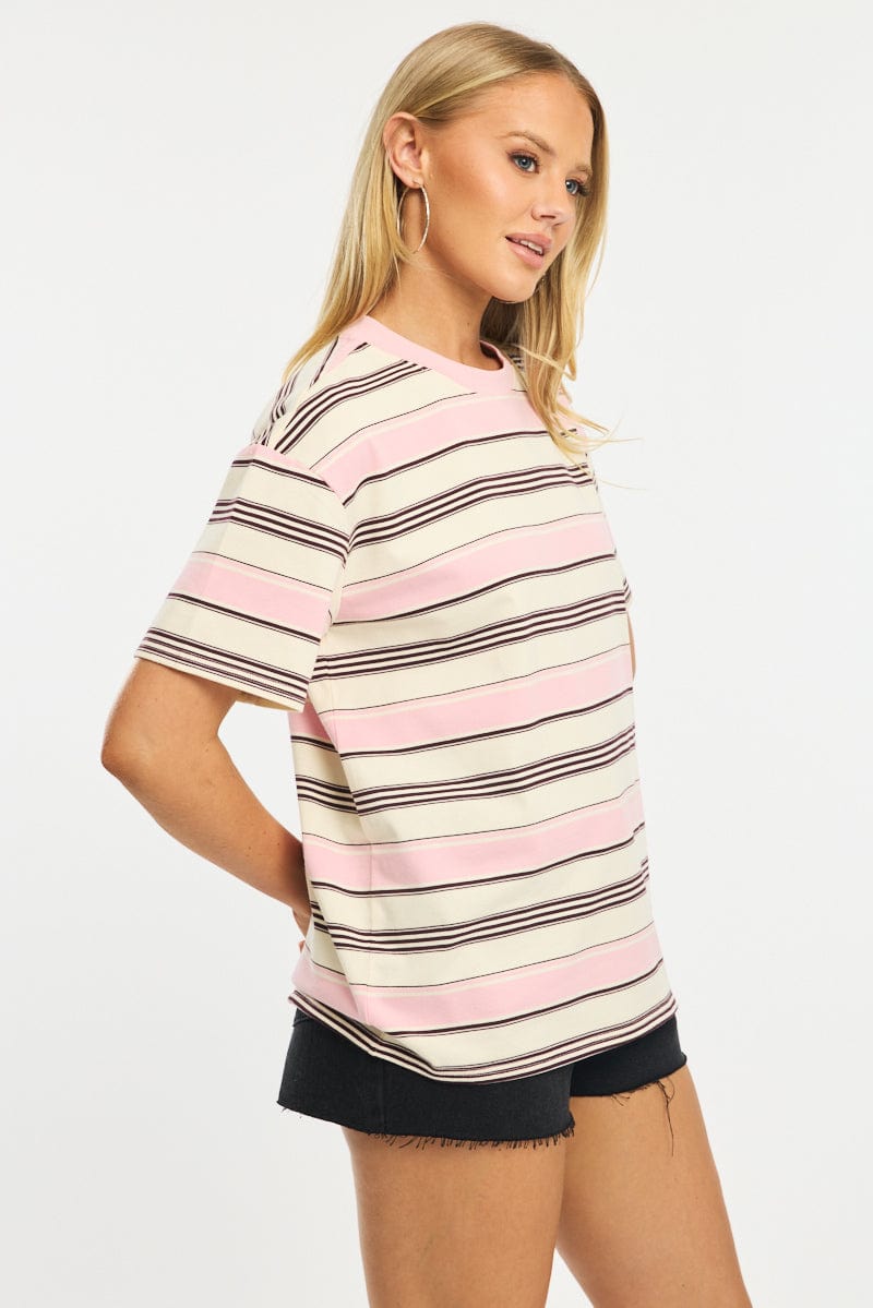 Pink Stripe Oversized Tee Short Sleeve for Ally Fashion