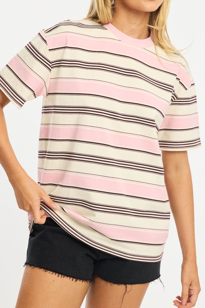 Pink Stripe Oversized Tee Short Sleeve for Ally Fashion