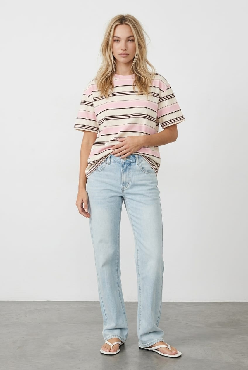 Pink Stripe Oversized Tee Short Sleeve for Ally Fashion