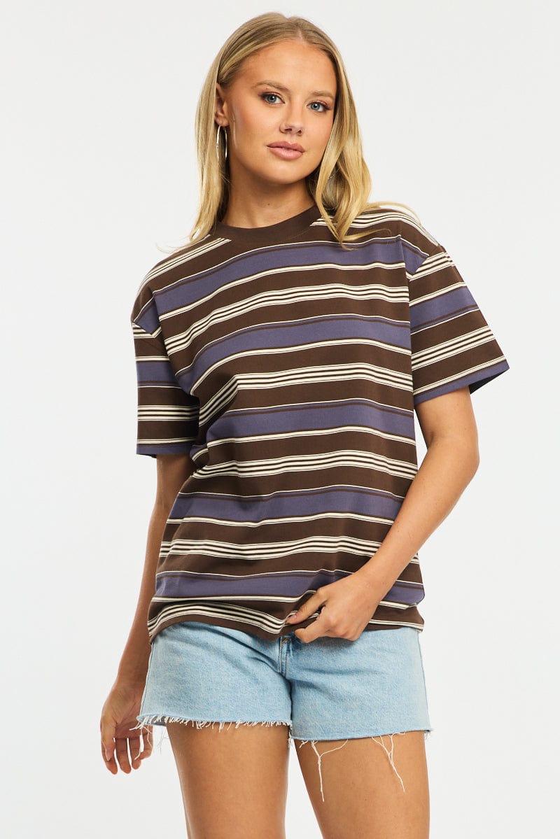 Brown Stripe Oversized Tee Short Sleeve for Ally Fashion