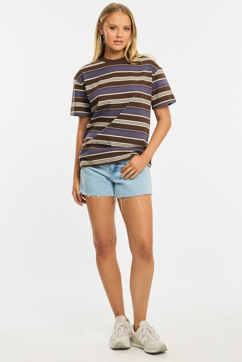 Brown Stripe Oversized Tee Short Sleeve for Ally Fashion