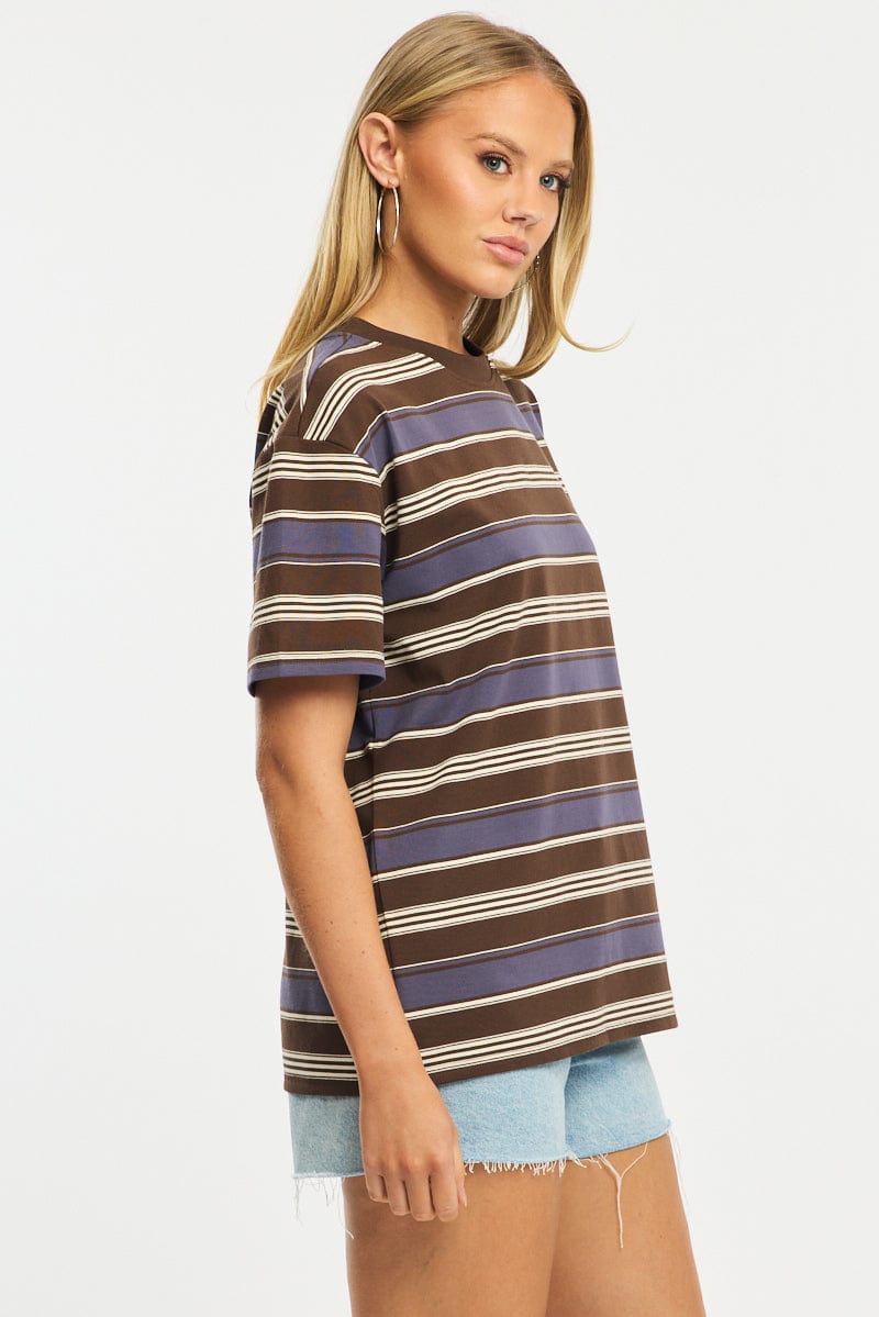 Brown Stripe Oversized Tee Short Sleeve for Ally Fashion
