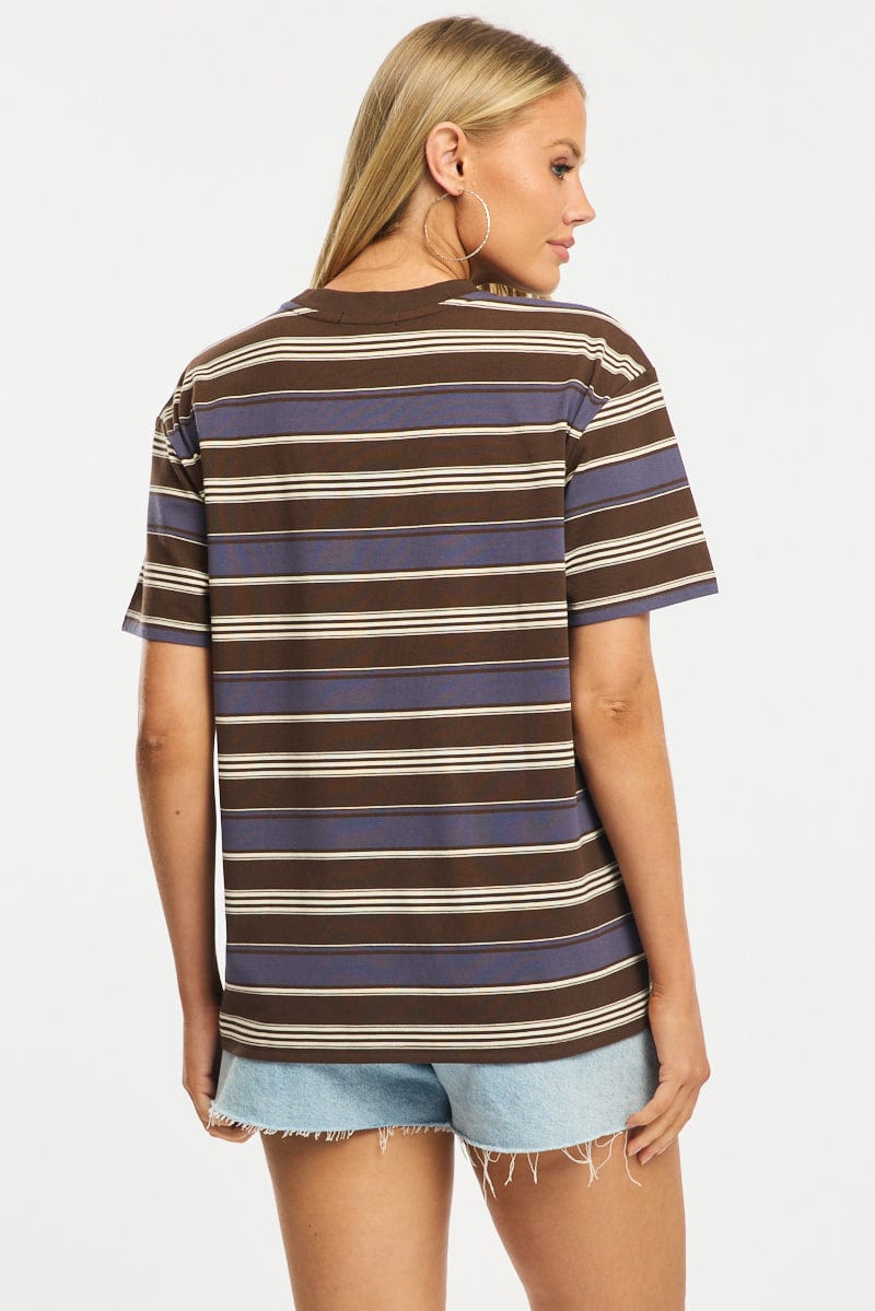 Brown Stripe Oversized Tee Short Sleeve for Ally Fashion