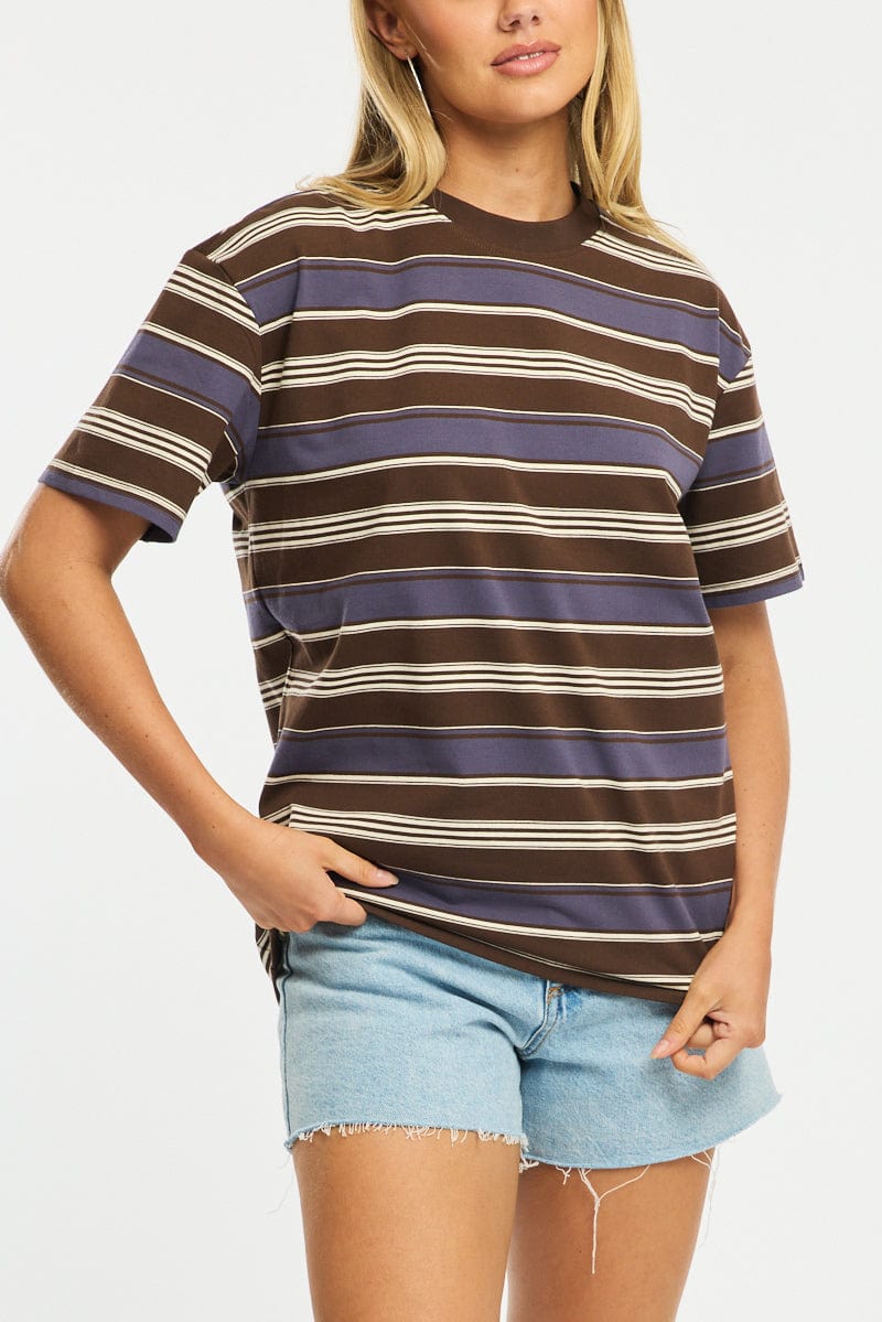 Brown Stripe Oversized Tee Short Sleeve for Ally Fashion