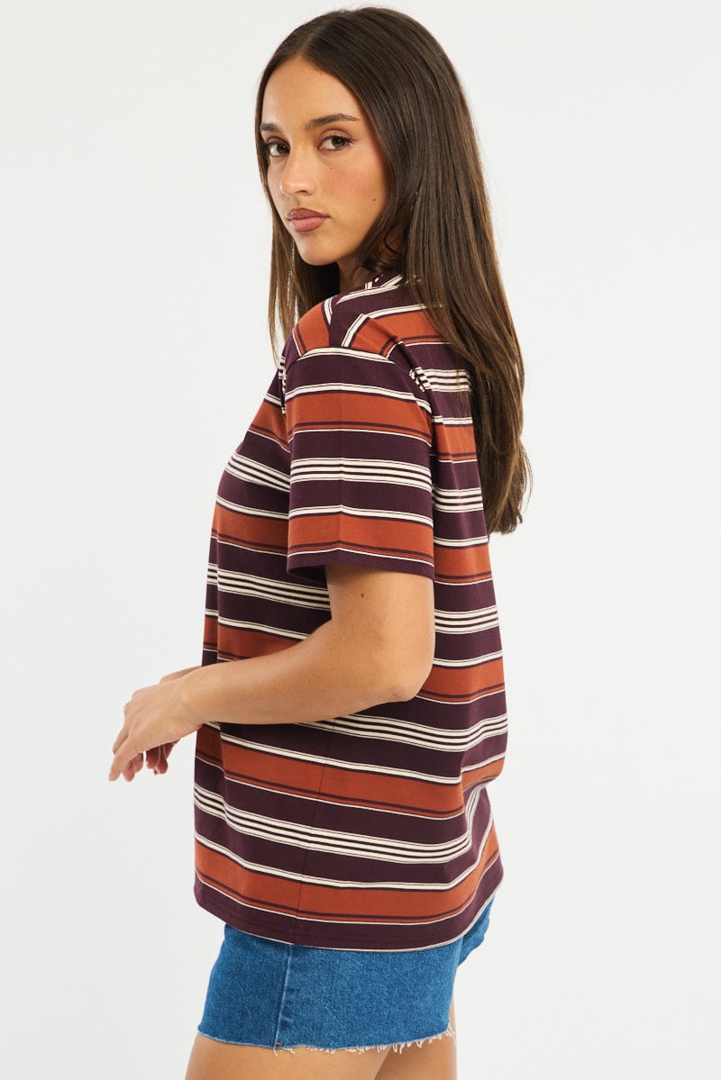 Brown Stripe Oversized Tee Short Sleeve for Ally Fashion