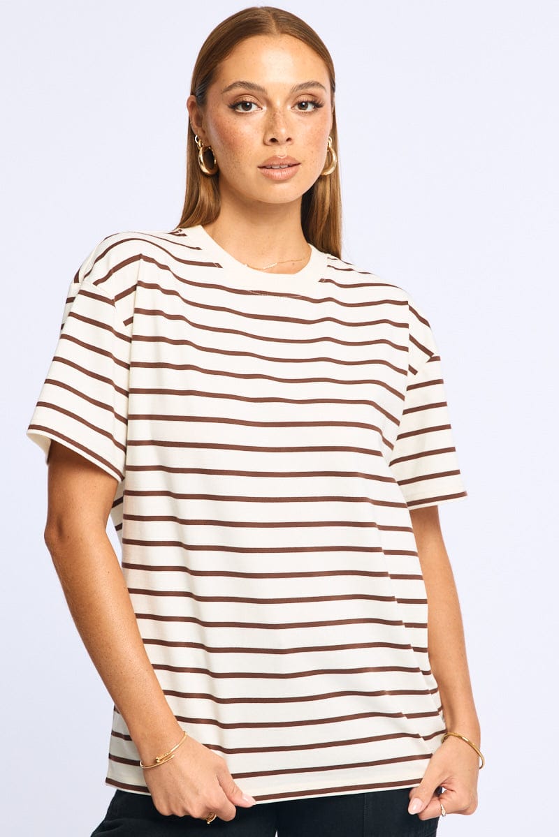 Brown Stripe Oversized Tee Short Sleeve for Ally Fashion