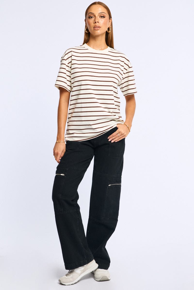 Brown Stripe Oversized Tee Short Sleeve for Ally Fashion