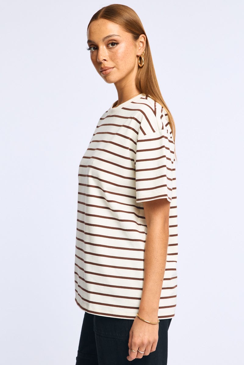 Brown Stripe Oversized Tee Short Sleeve for Ally Fashion