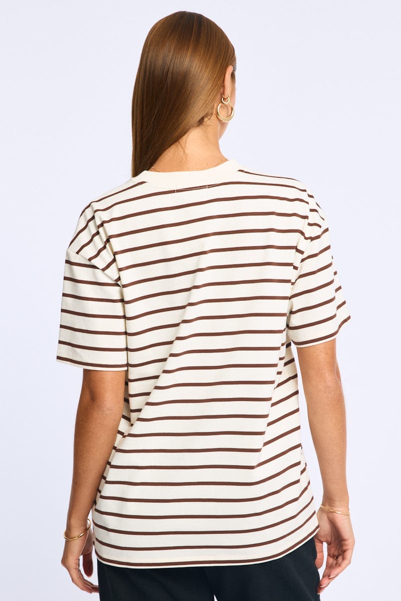 Brown Stripe Oversized Tee Short Sleeve for Ally Fashion