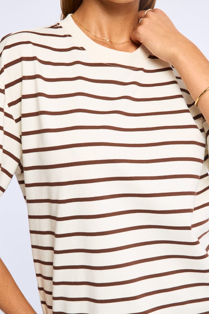 Brown Stripe Oversized Tee Short Sleeve for Ally Fashion