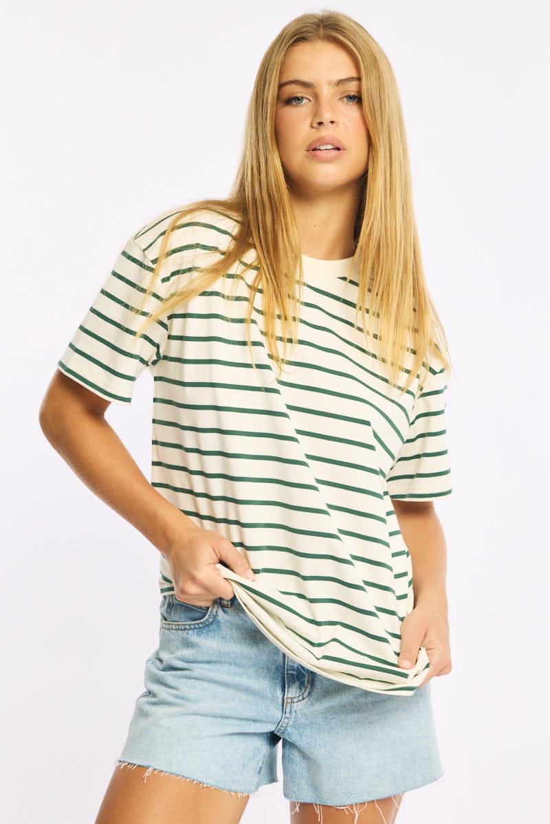 Green Stripe Oversized Tee Short Sleeve for Ally Fashion