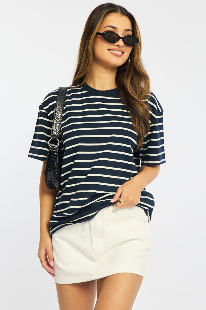 Blue Stripe Oversized Tee Short Sleeve for Ally Fashion