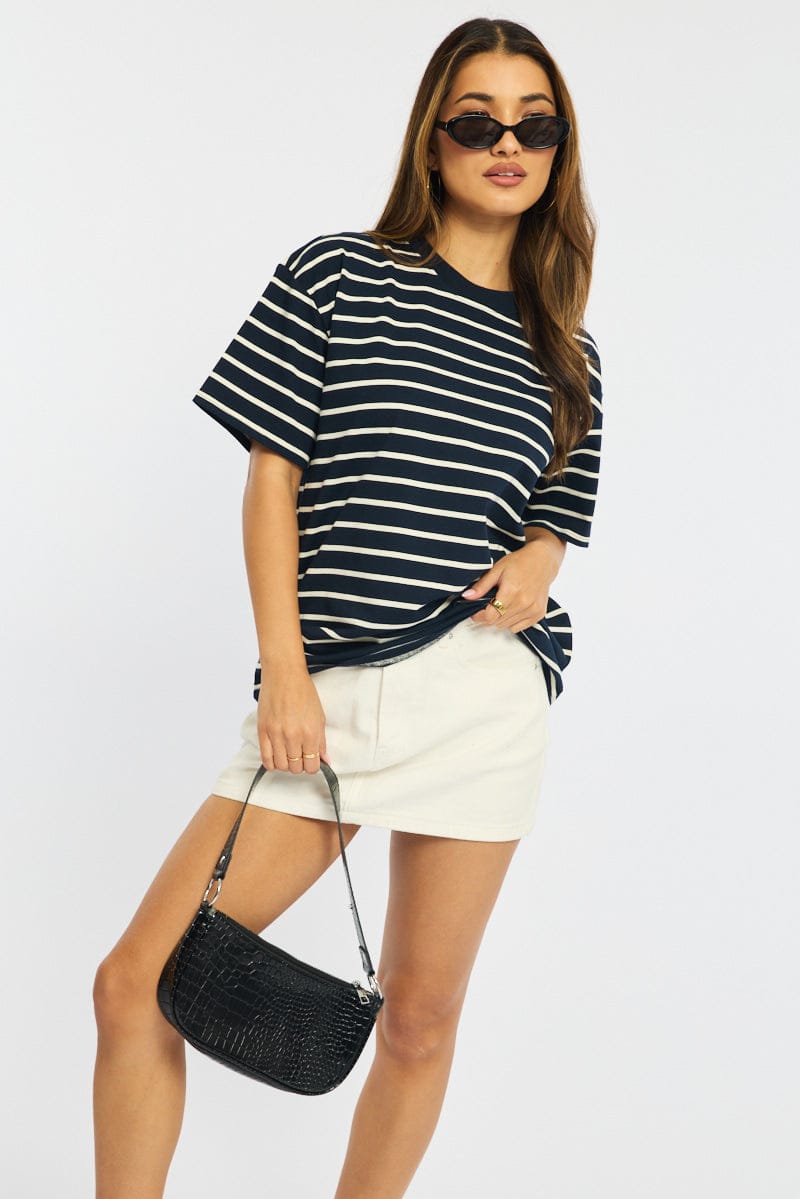 Blue Stripe Oversized Tee Short Sleeve for Ally Fashion