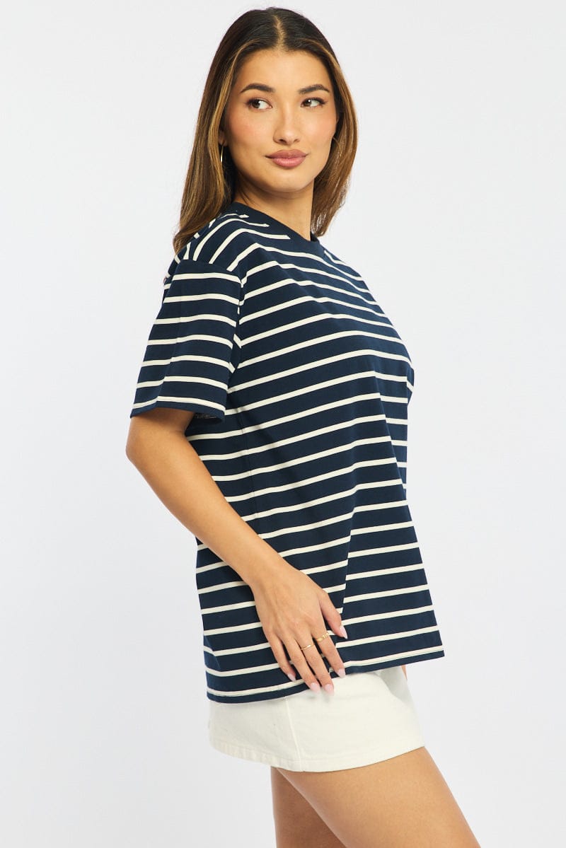 Blue Stripe Oversized Tee Short Sleeve for Ally Fashion