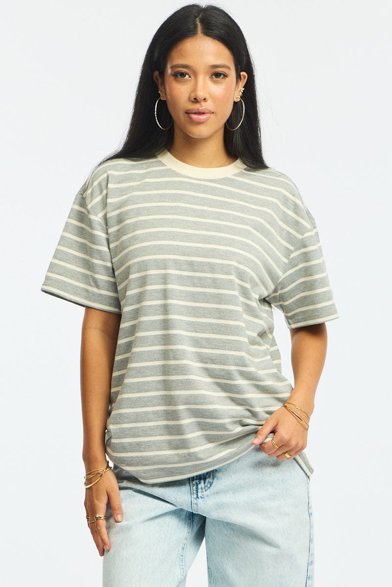 Grey Stripe Oversized Tee Short Sleeve for Ally Fashion