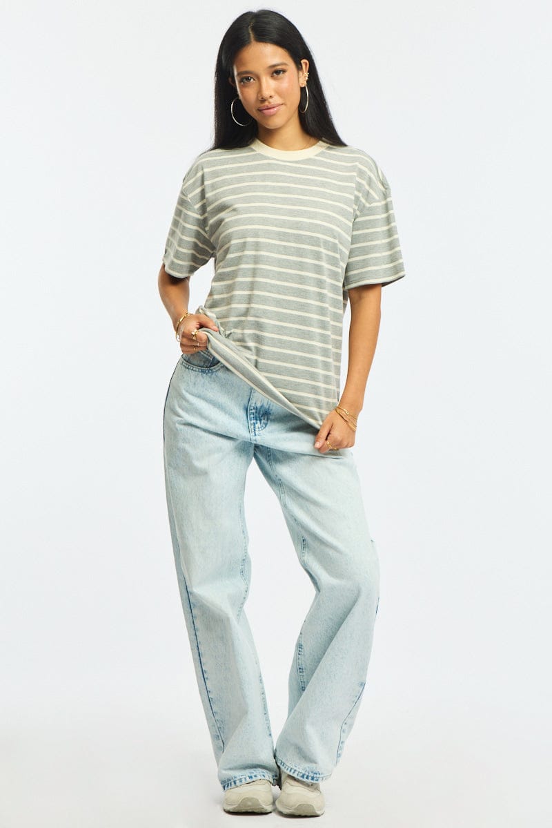 Grey Stripe Oversized Tee Short Sleeve for Ally Fashion