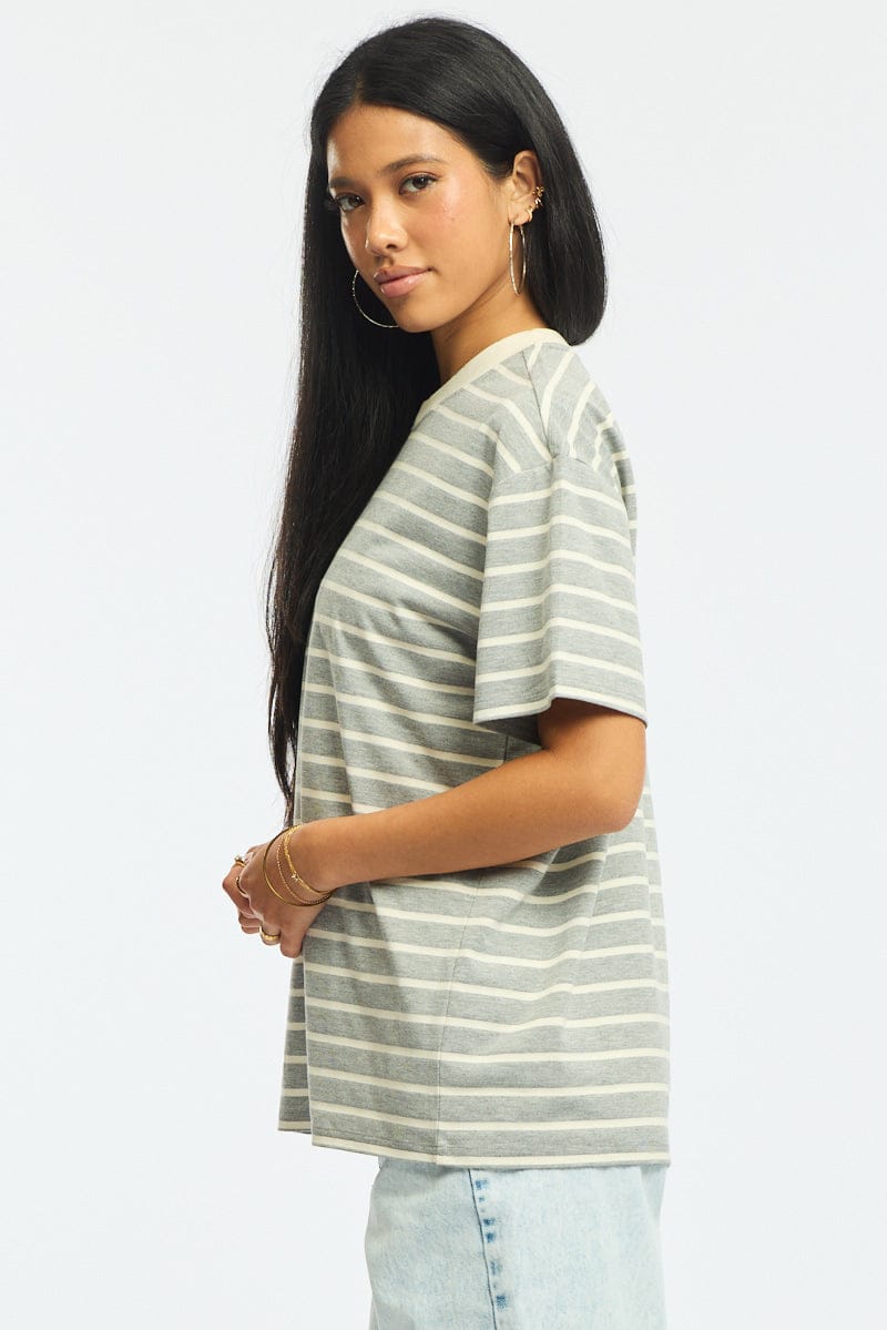 Grey Stripe Oversized Tee Short Sleeve for Ally Fashion