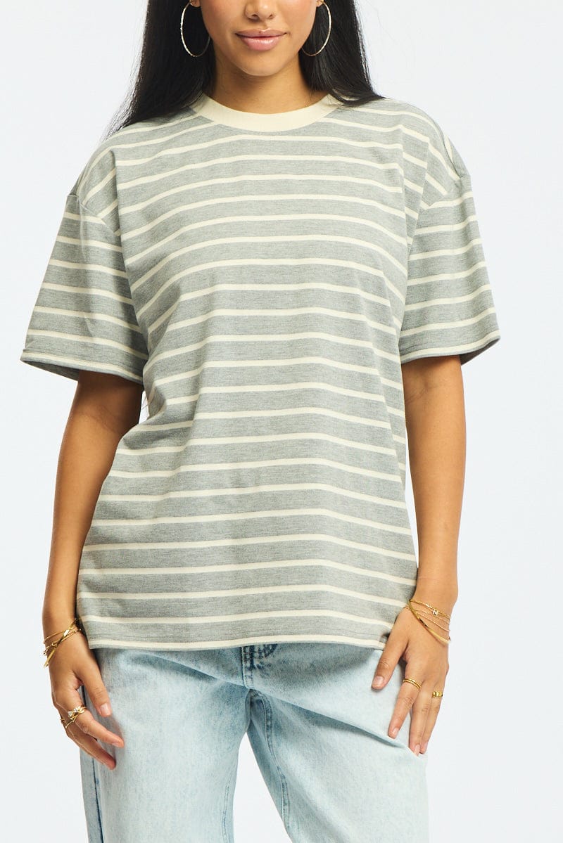 Grey Stripe Oversized Tee Short Sleeve for Ally Fashion