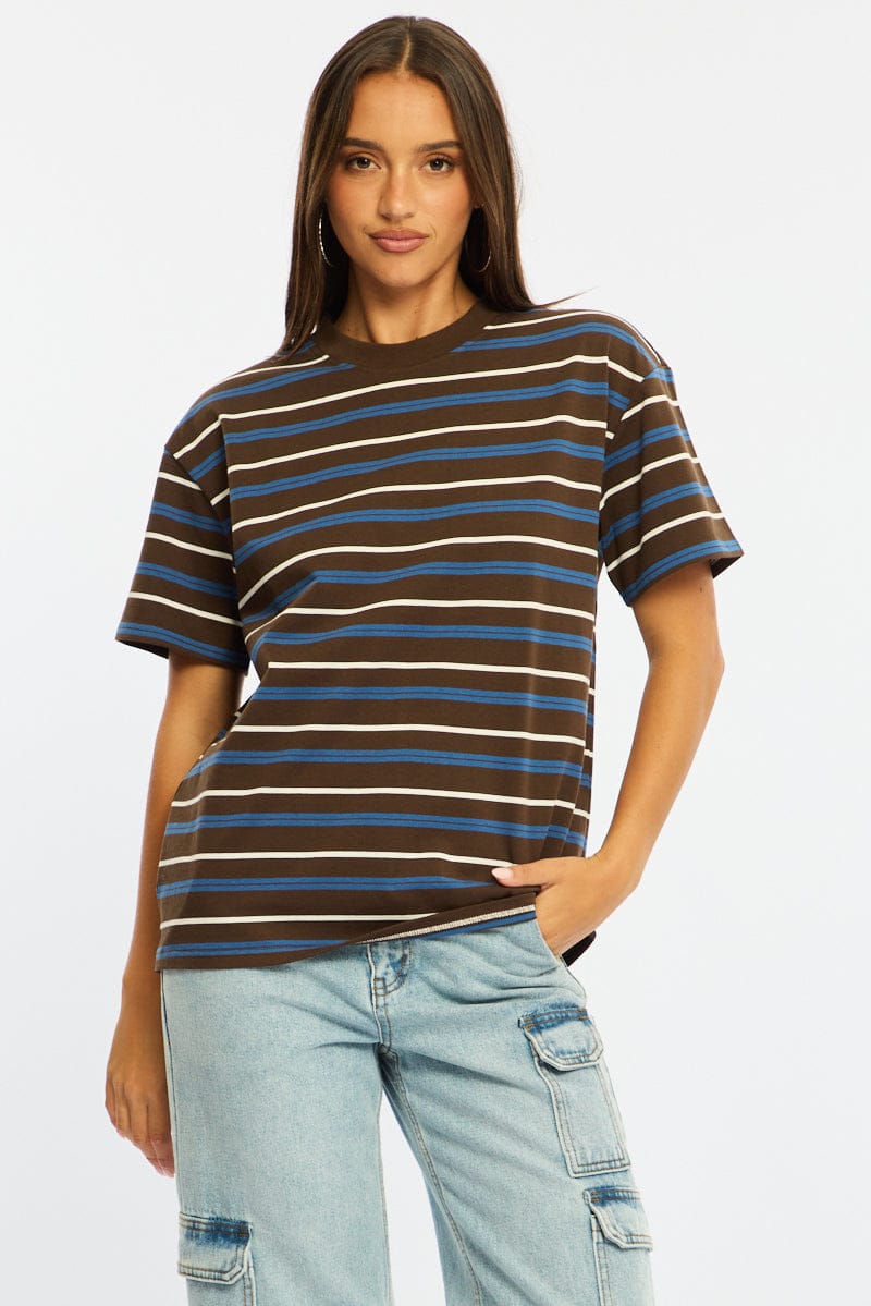 Brown Stripe Short Sleeve Oversized Stripe Tshirt for Ally Fashion