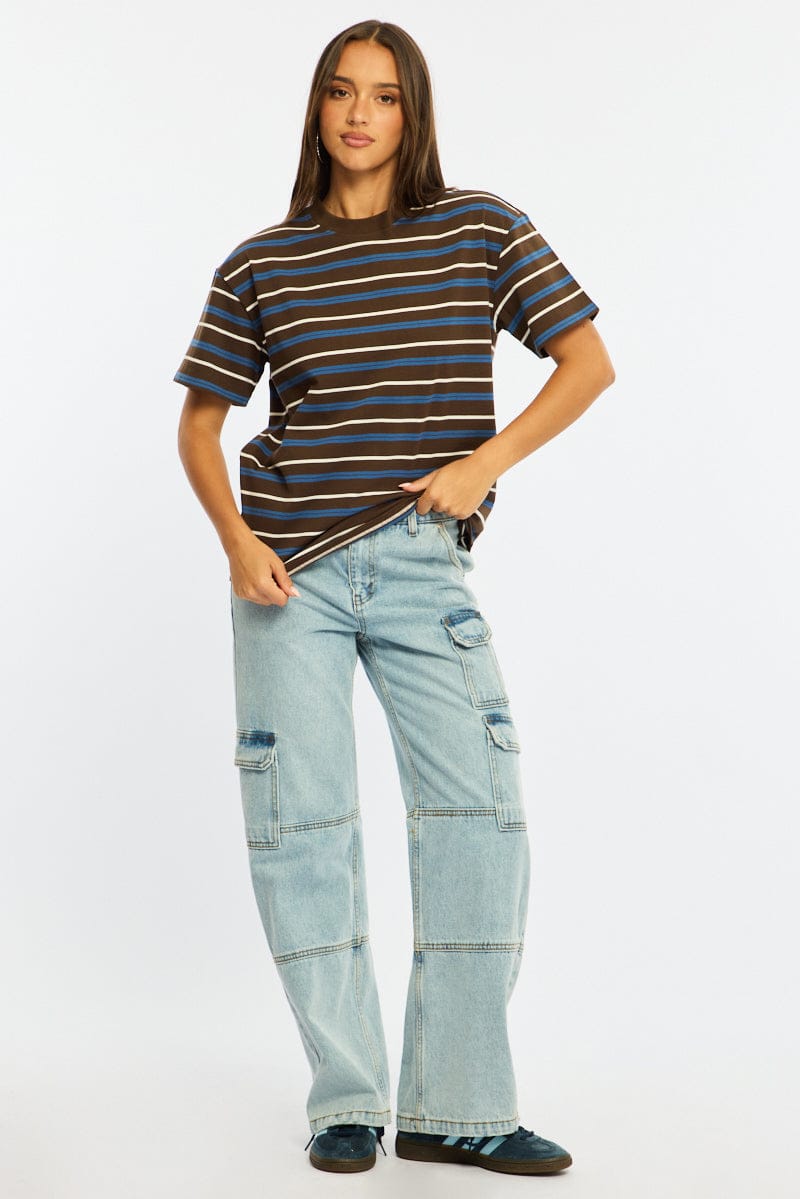 Brown Stripe Short Sleeve Oversized Stripe Tshirt for Ally Fashion