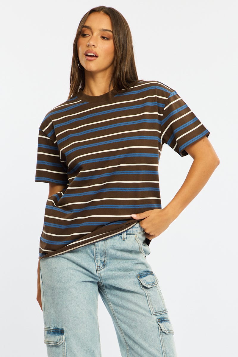 Brown Stripe Short Sleeve Oversized Stripe Tshirt for Ally Fashion