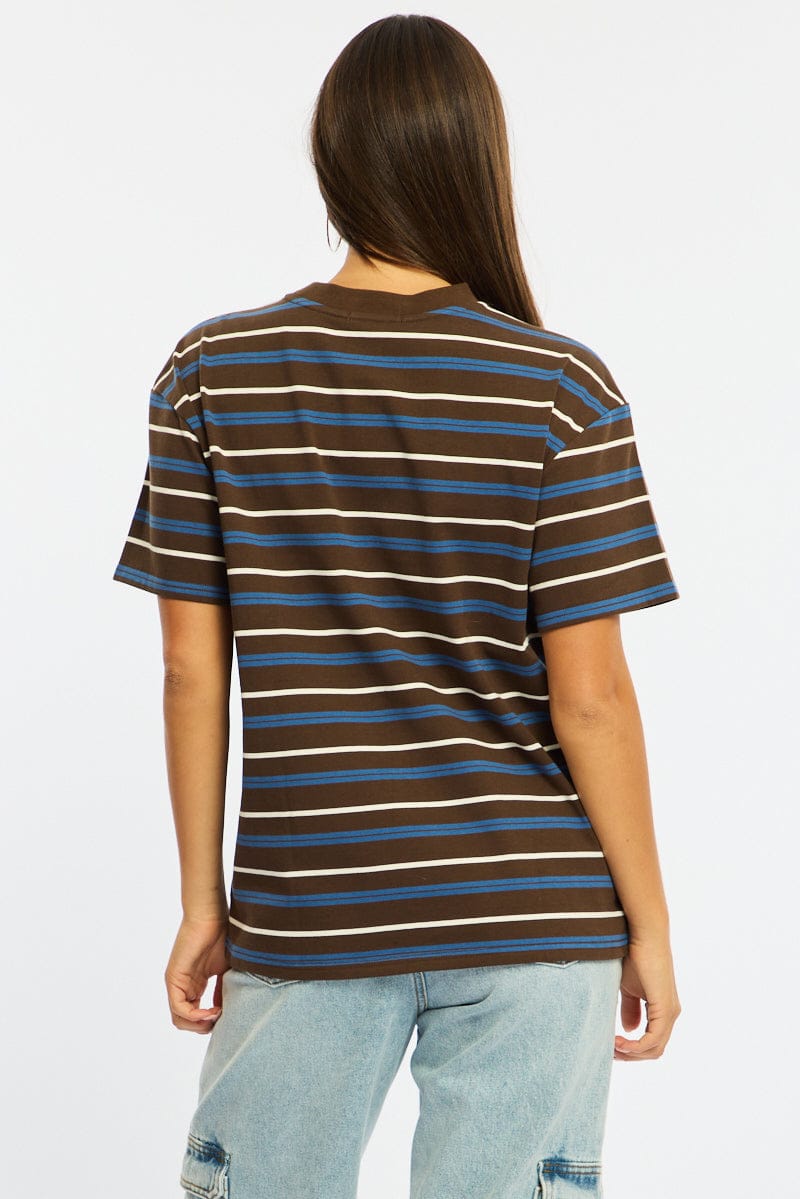Brown Stripe Short Sleeve Oversized Stripe Tshirt for Ally Fashion