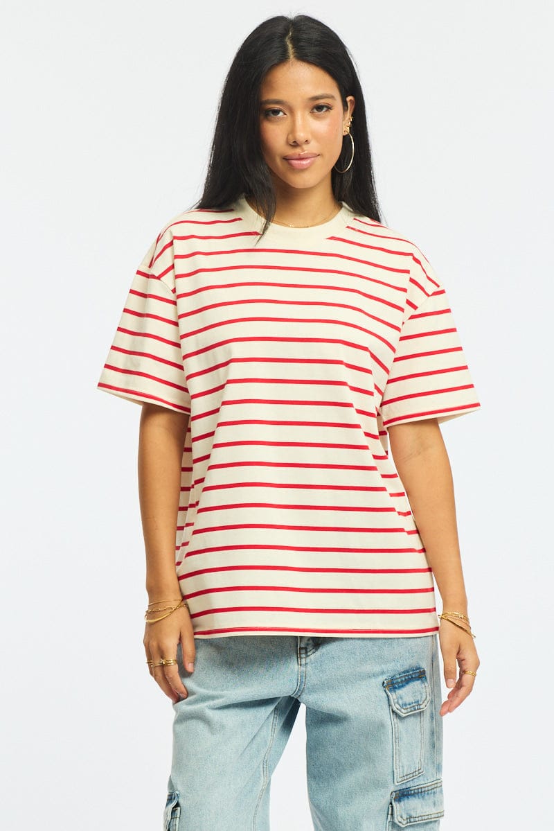 Red Stripe Oversized Tee Short Sleeve for Ally Fashion