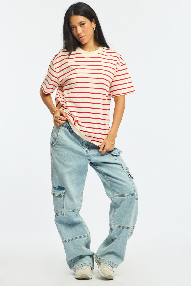 Red Stripe Oversized Tee Short Sleeve for Ally Fashion