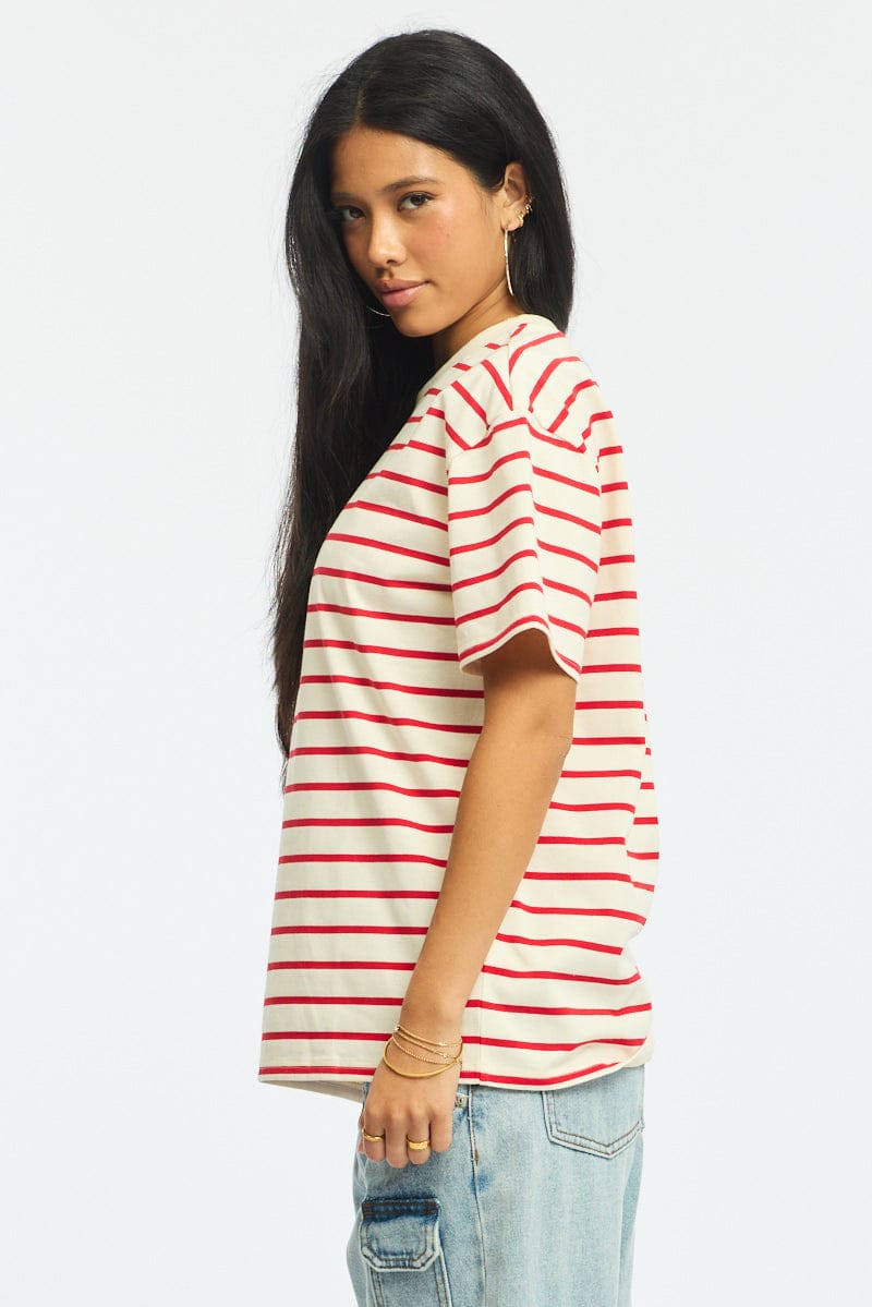 Red Stripe Oversized Tee Short Sleeve for Ally Fashion
