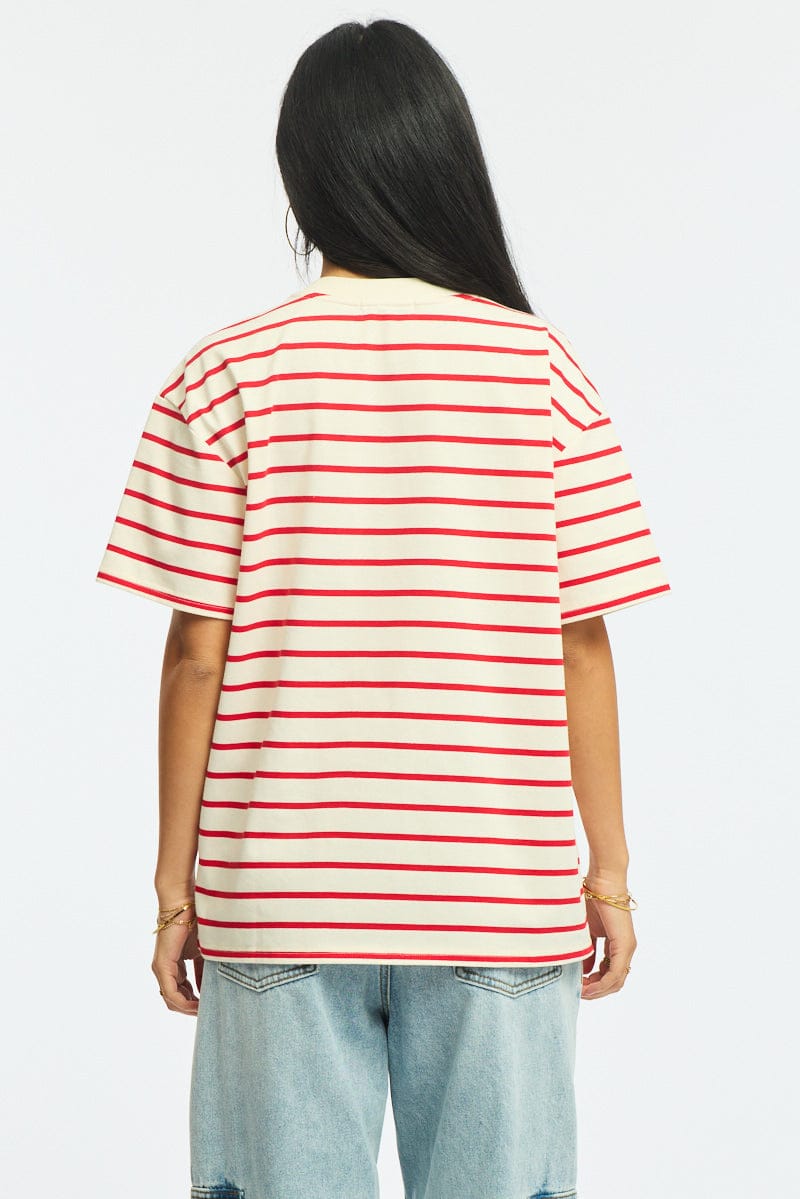 Red Stripe Oversized Tee Short Sleeve for Ally Fashion
