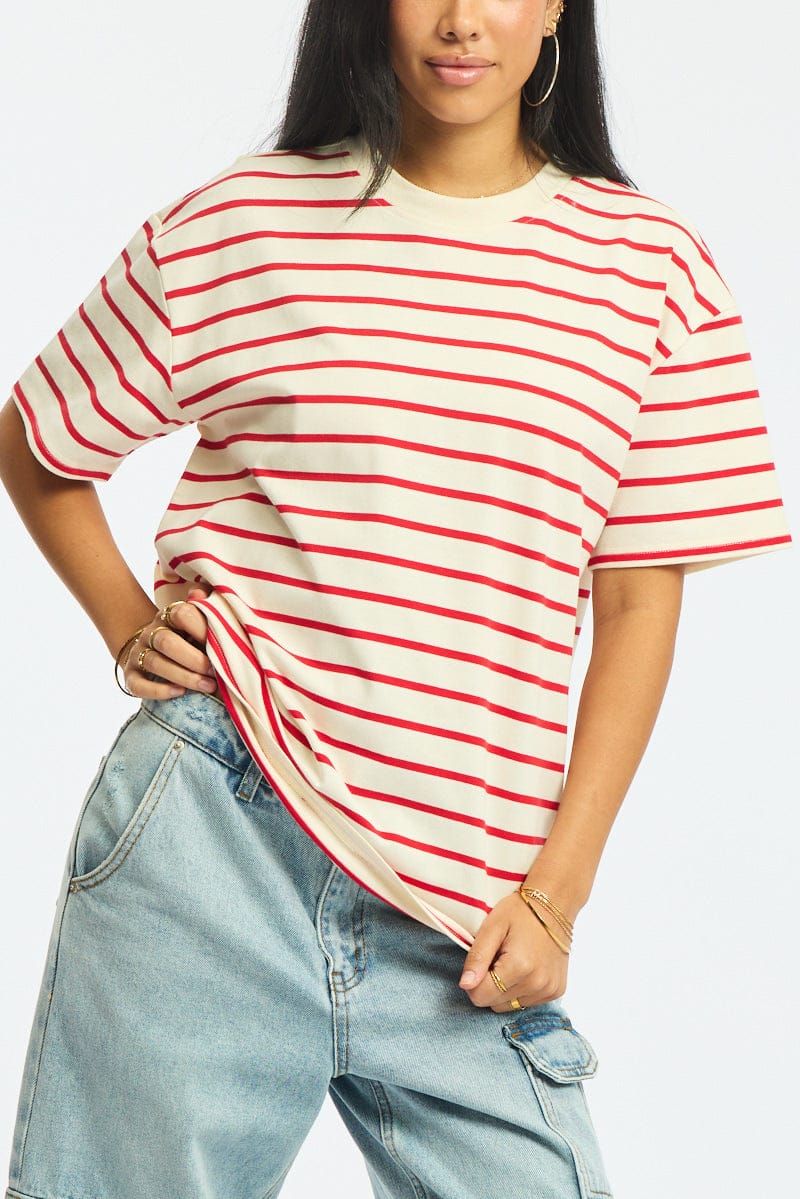 Red Stripe Oversized Tee Short Sleeve for Ally Fashion