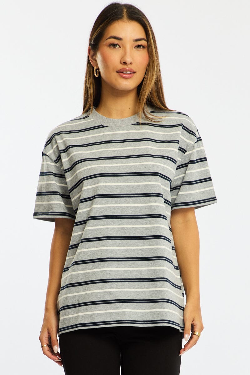 Grey Stripe Short Sleeve Oversized Stripe Tshirt for Ally Fashion