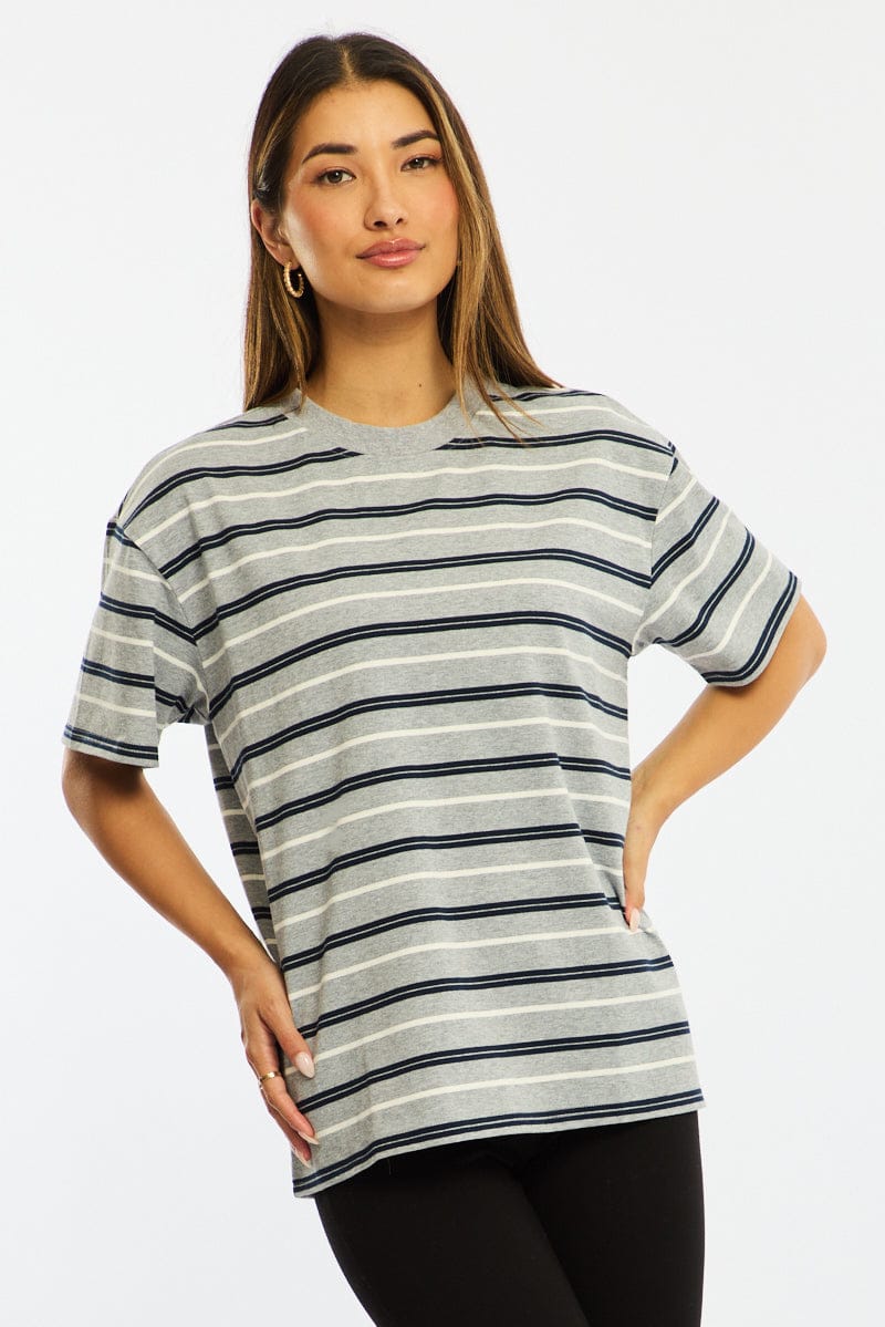Grey Stripe Short Sleeve Oversized Stripe Tshirt for Ally Fashion